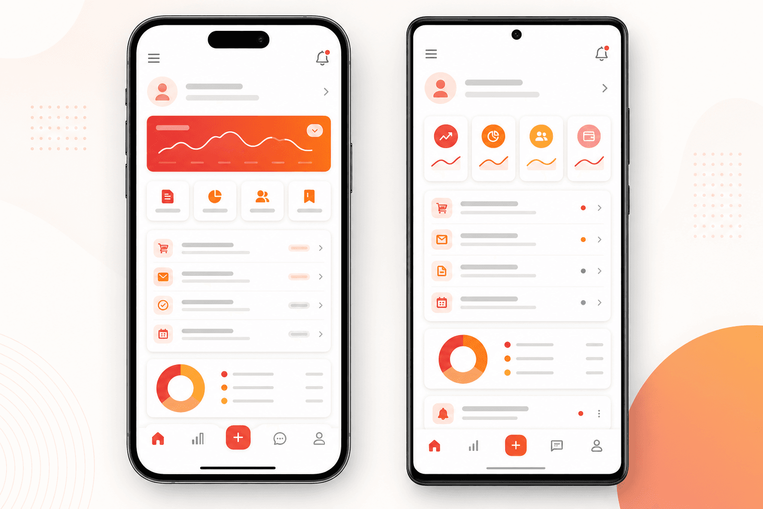 Mobile business application shown across two phone screens